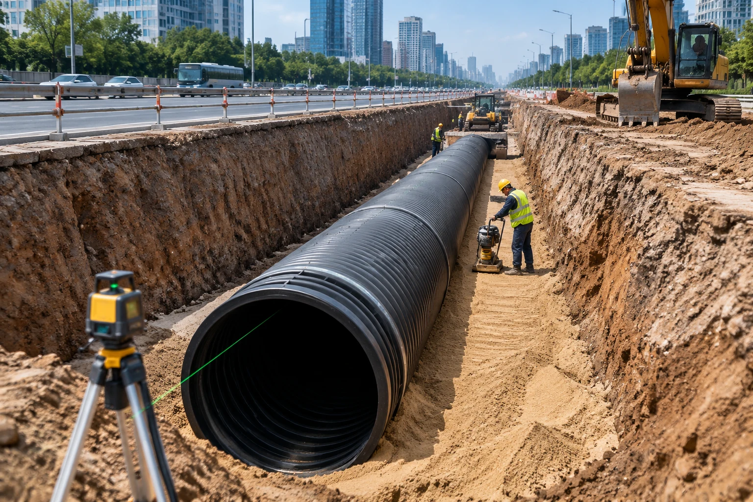 新区城市干道路基下方深埋重载大口径HDPE缠绕结构壁雨水主管回填（图片来源：中致投官网资料）