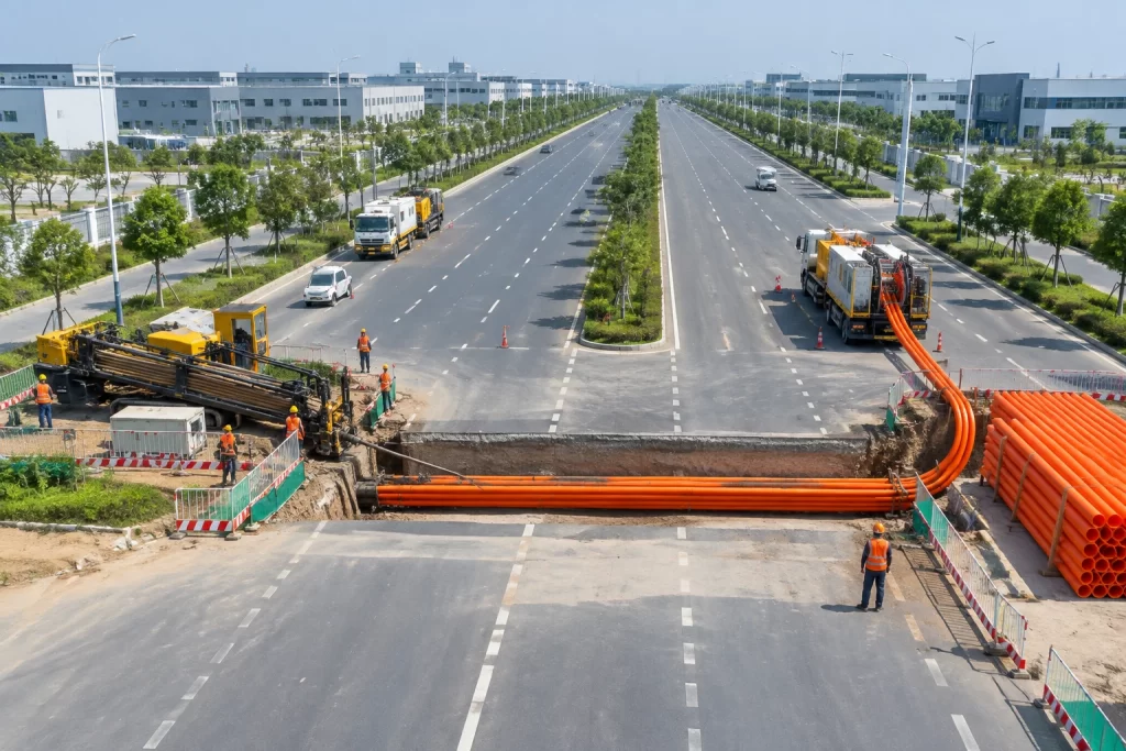长沙县经开区电网改造管材直供：MPP非开挖顶管长距穿越工法主题图
