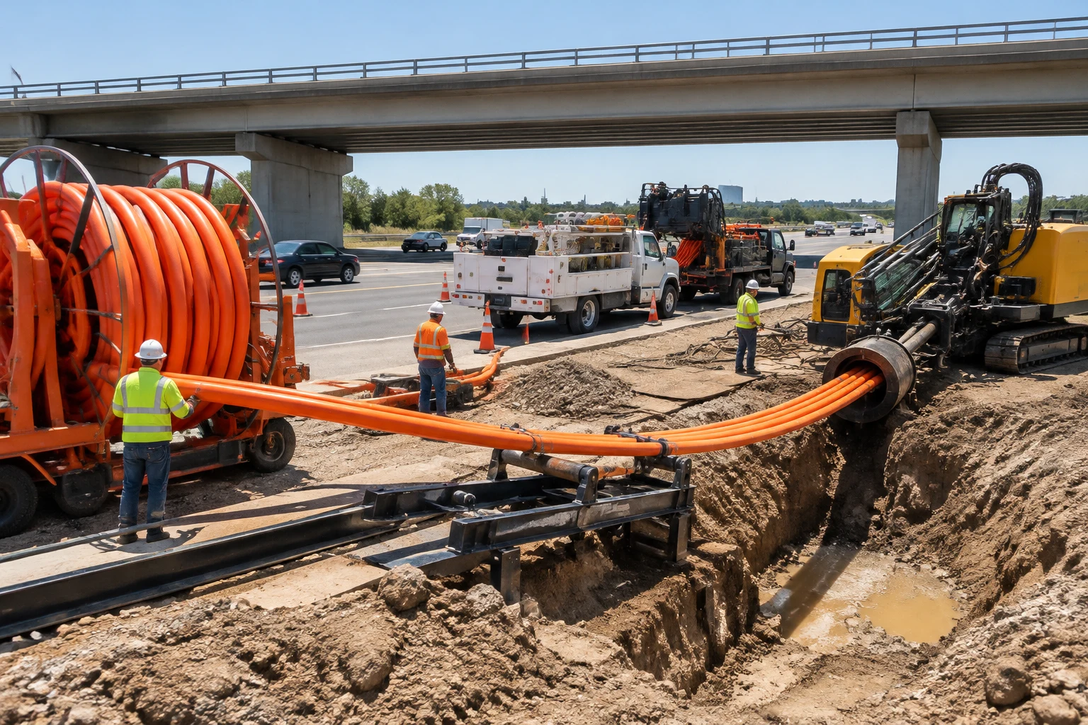 城市高等级公路下穿水平定向钻加强型MPP电力顶管回拖现场(图片来源:中致投官网资料)