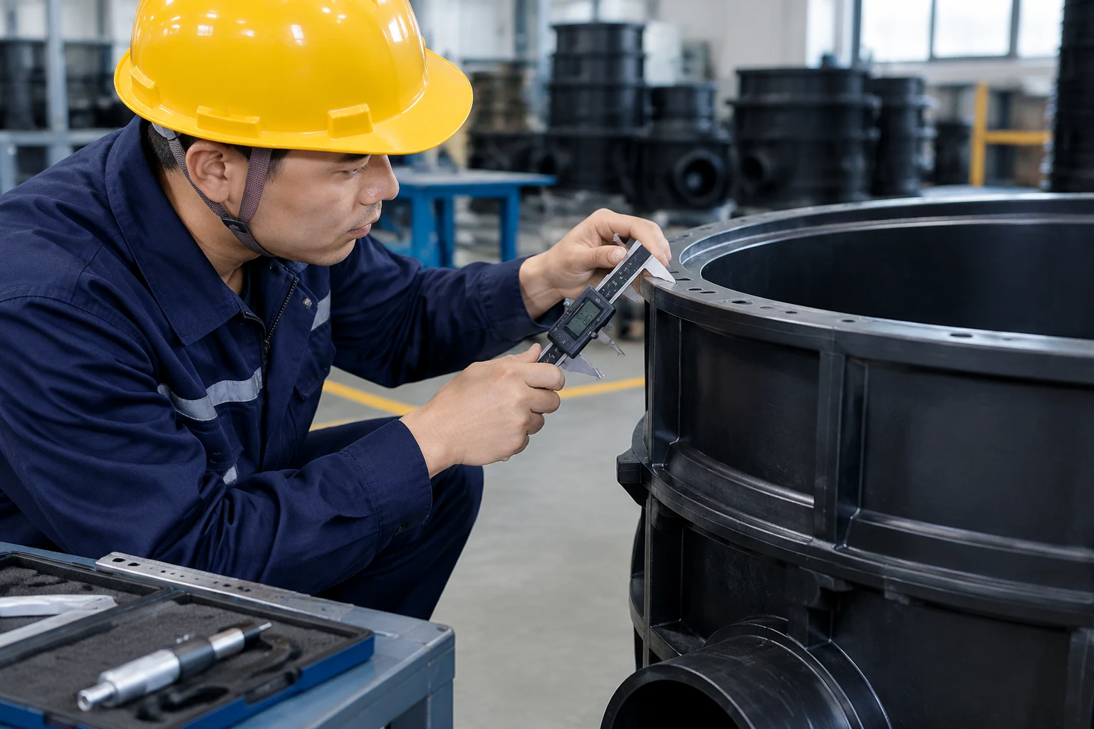 质检工程师使用精密卡尺测量Φ450与Φ630加厚注塑检查井座壁厚（图片来源：中致投官网资料）